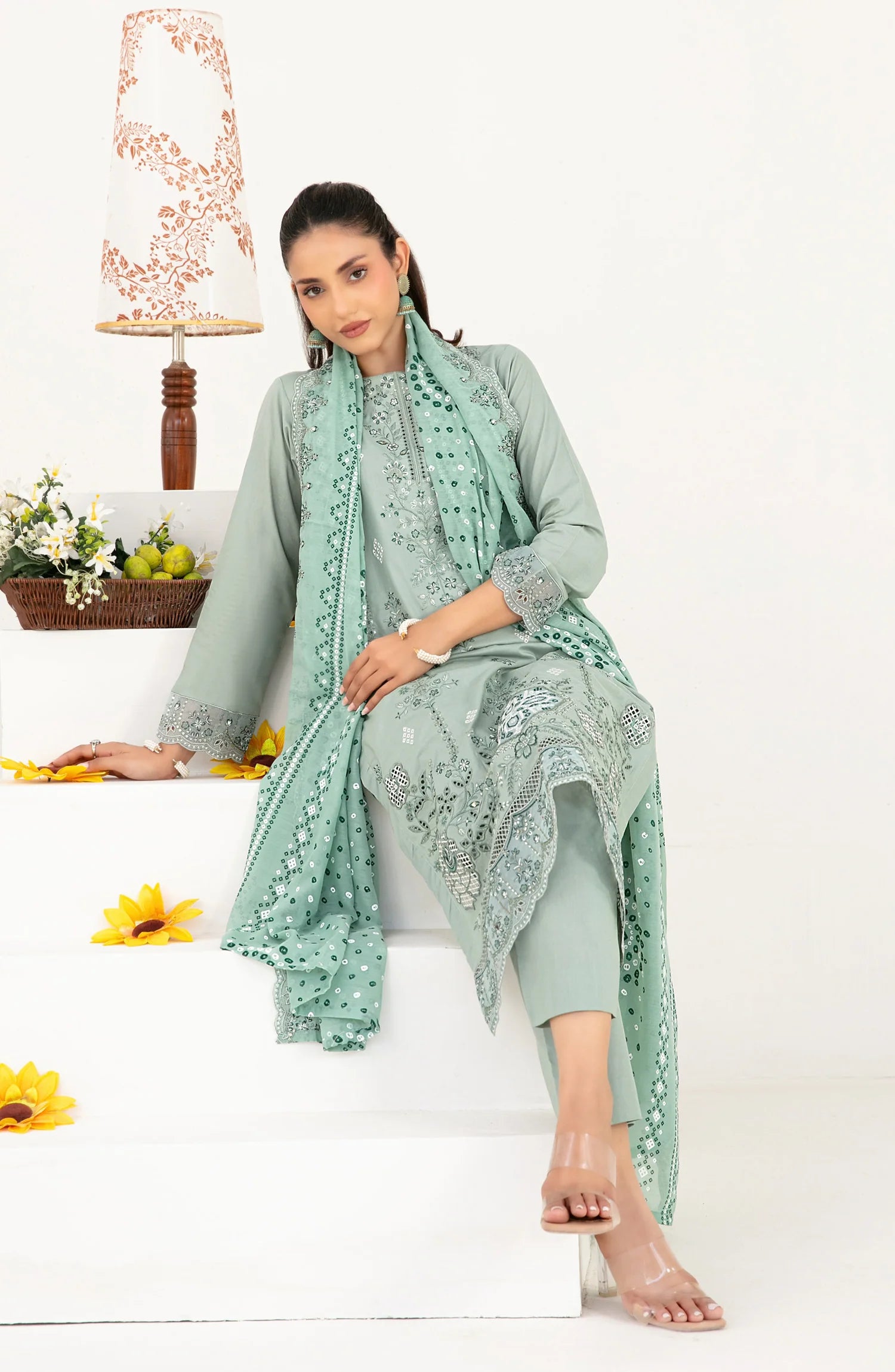 03-Piece Embroidered Lawn Suit & Plain Cotton Trouser | Ready To Wear