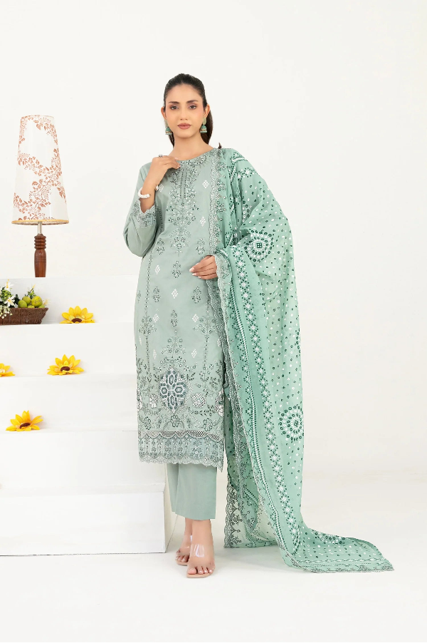 03-Piece Embroidered Lawn Suit & Plain Cotton Trouser | Ready To Wear