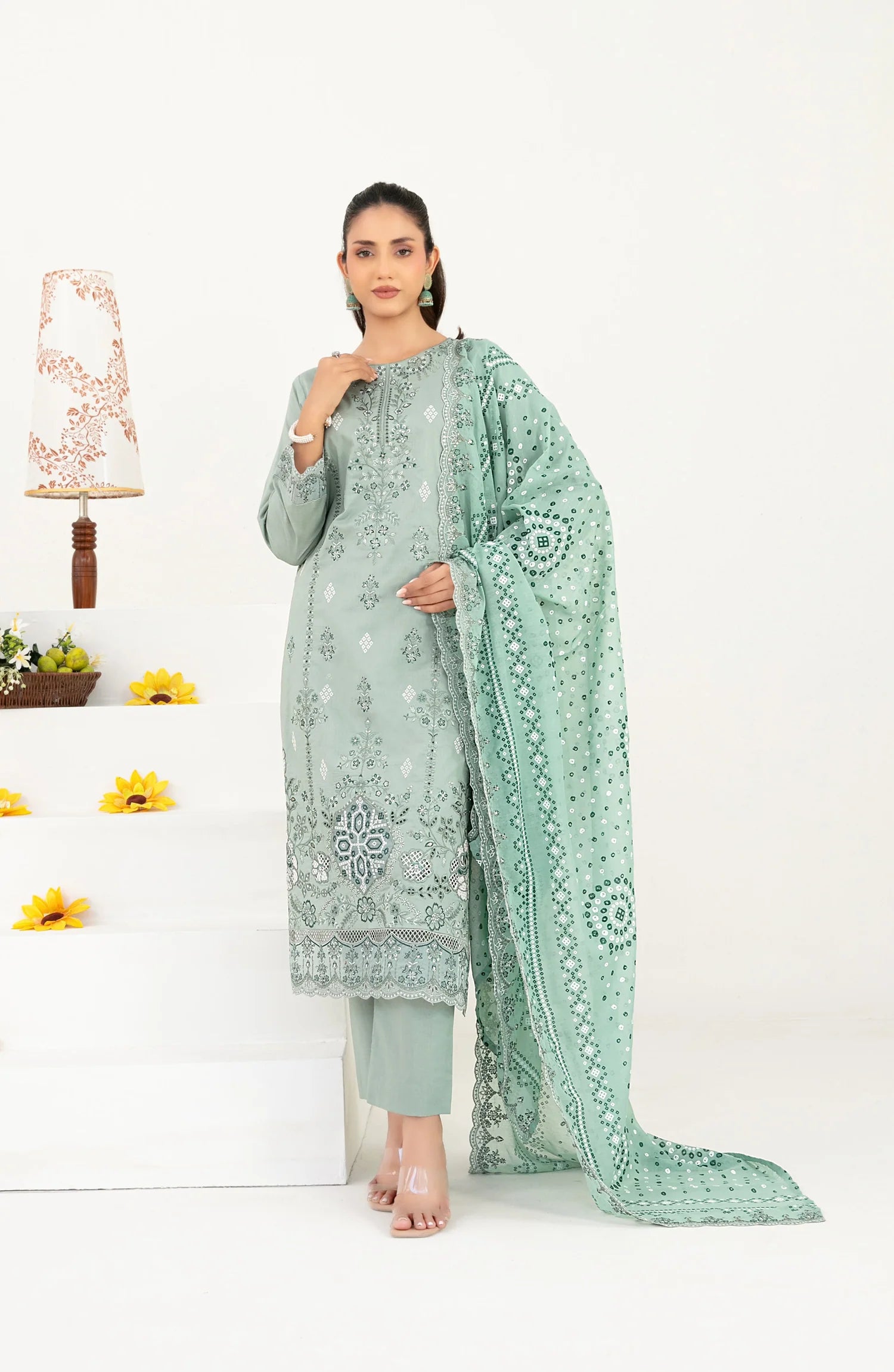 03-Piece Embroidered Lawn Suit & Plain Cotton Trouser | Ready To Wear