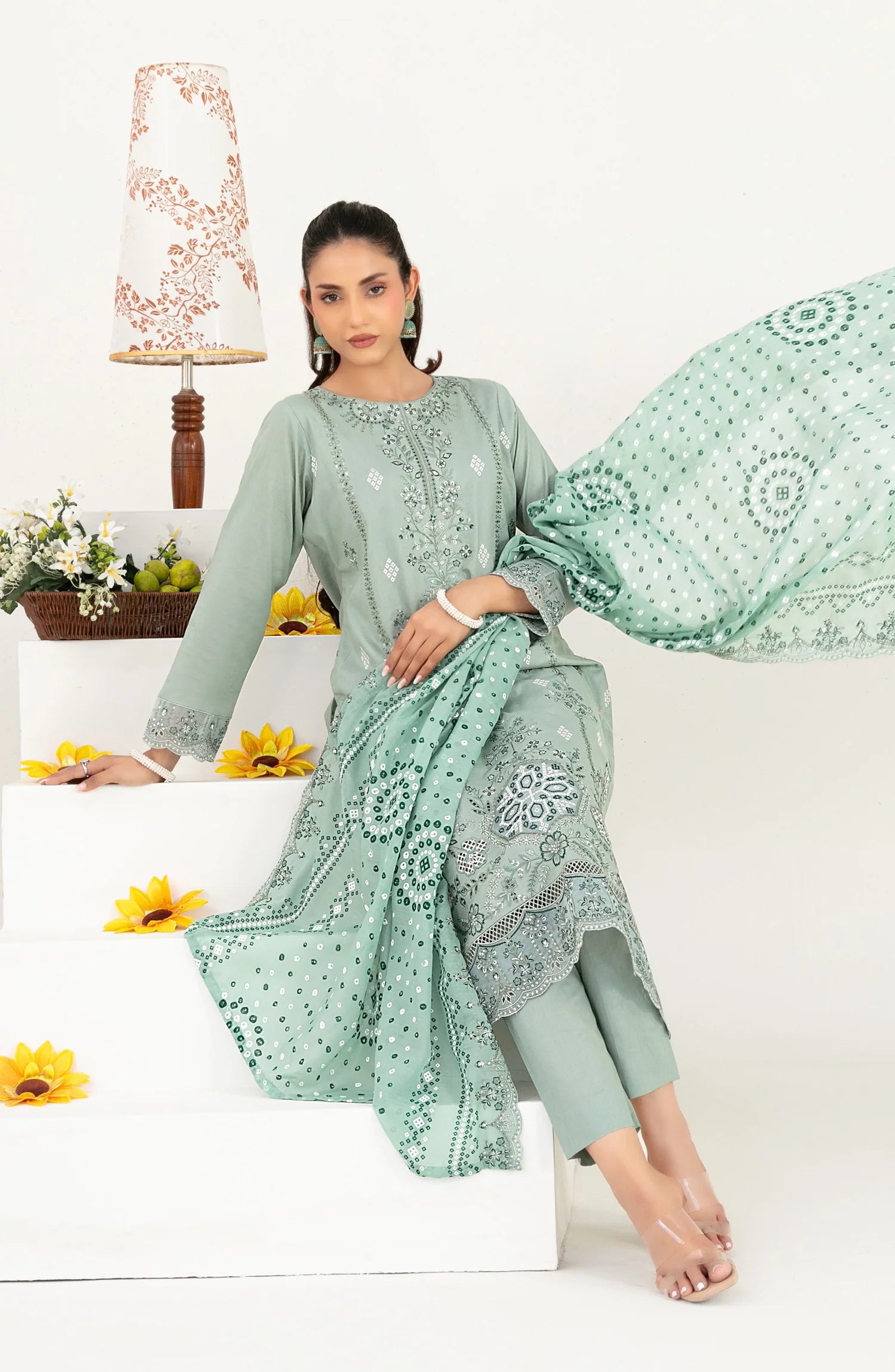 03-Piece Embroidered Lawn Suit & Plain Cotton Trouser | Ready To Wear