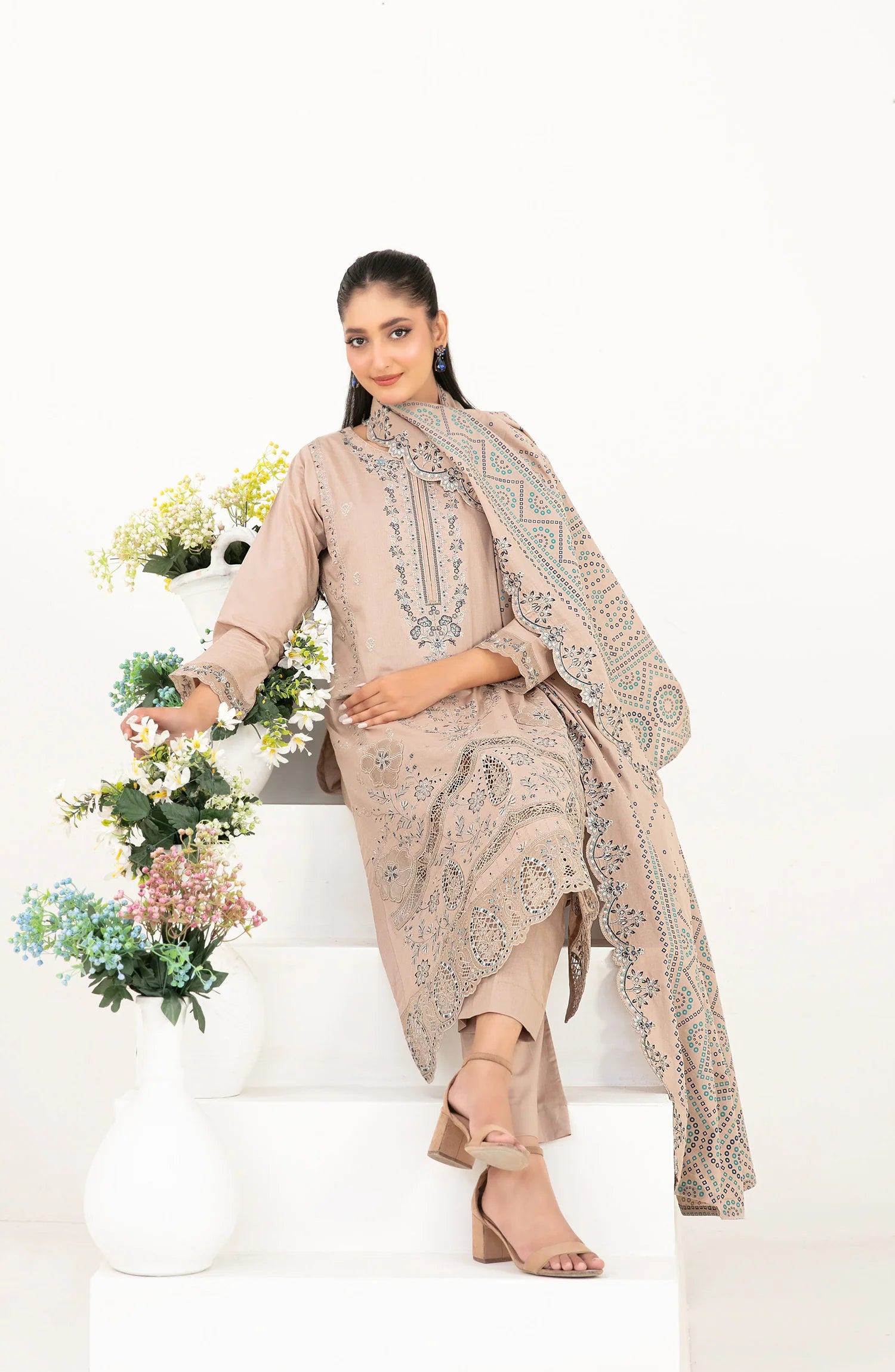03-Piece Embroidered Lawn Suit & Plain Cotton Trouser | Ready To Wear