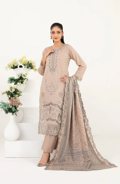 03-Piece Embroidered Lawn Suit & Plain Cotton Trouser | Ready To Wear