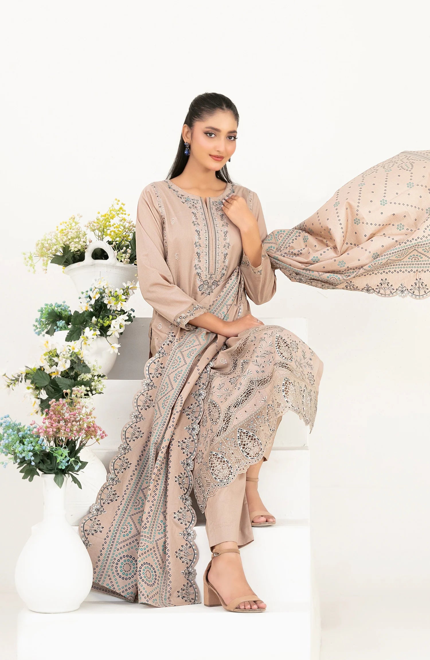 03-Piece Embroidered Lawn Suit & Plain Cotton Trouser | Ready To Wear