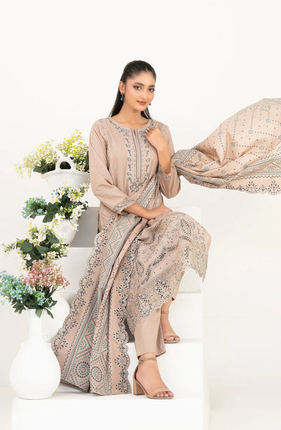 03-Piece Embroidered Lawn Suit & Plain Cotton Trouser | Ready To Wear