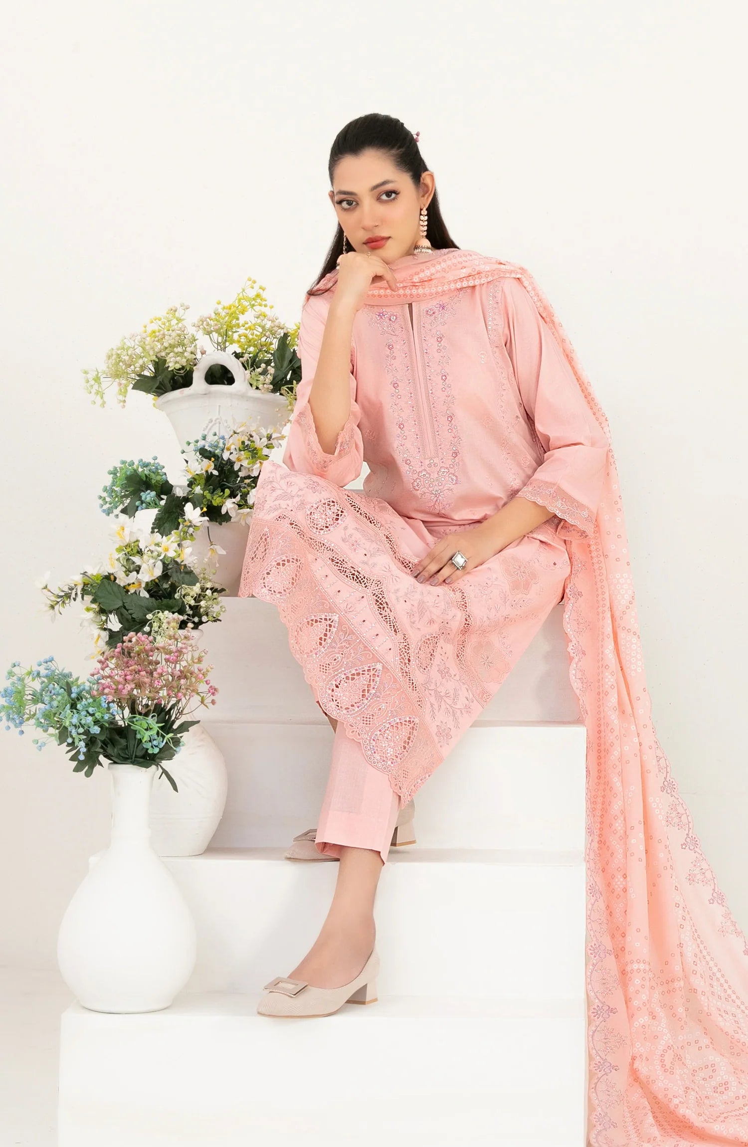 03-Piece Embroidered Lawn Suit & Plain Cotton Trouser | Ready To Wear