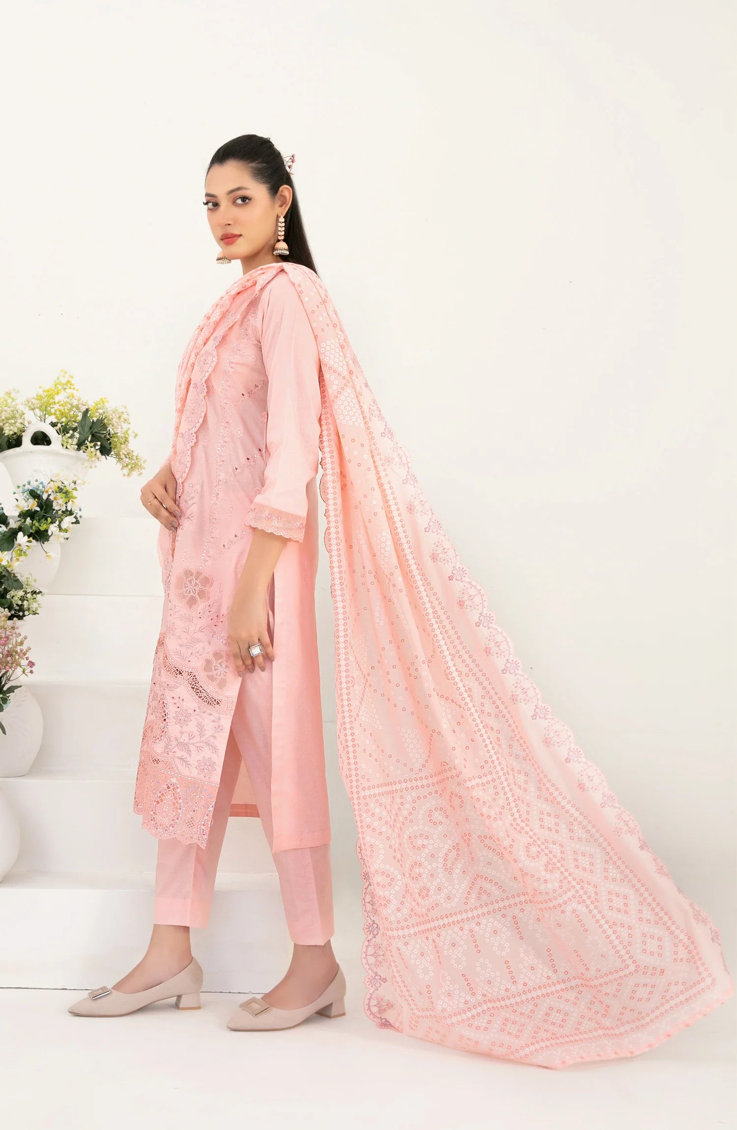 03-Piece Embroidered Lawn Suit & Plain Cotton Trouser | Ready To Wear
