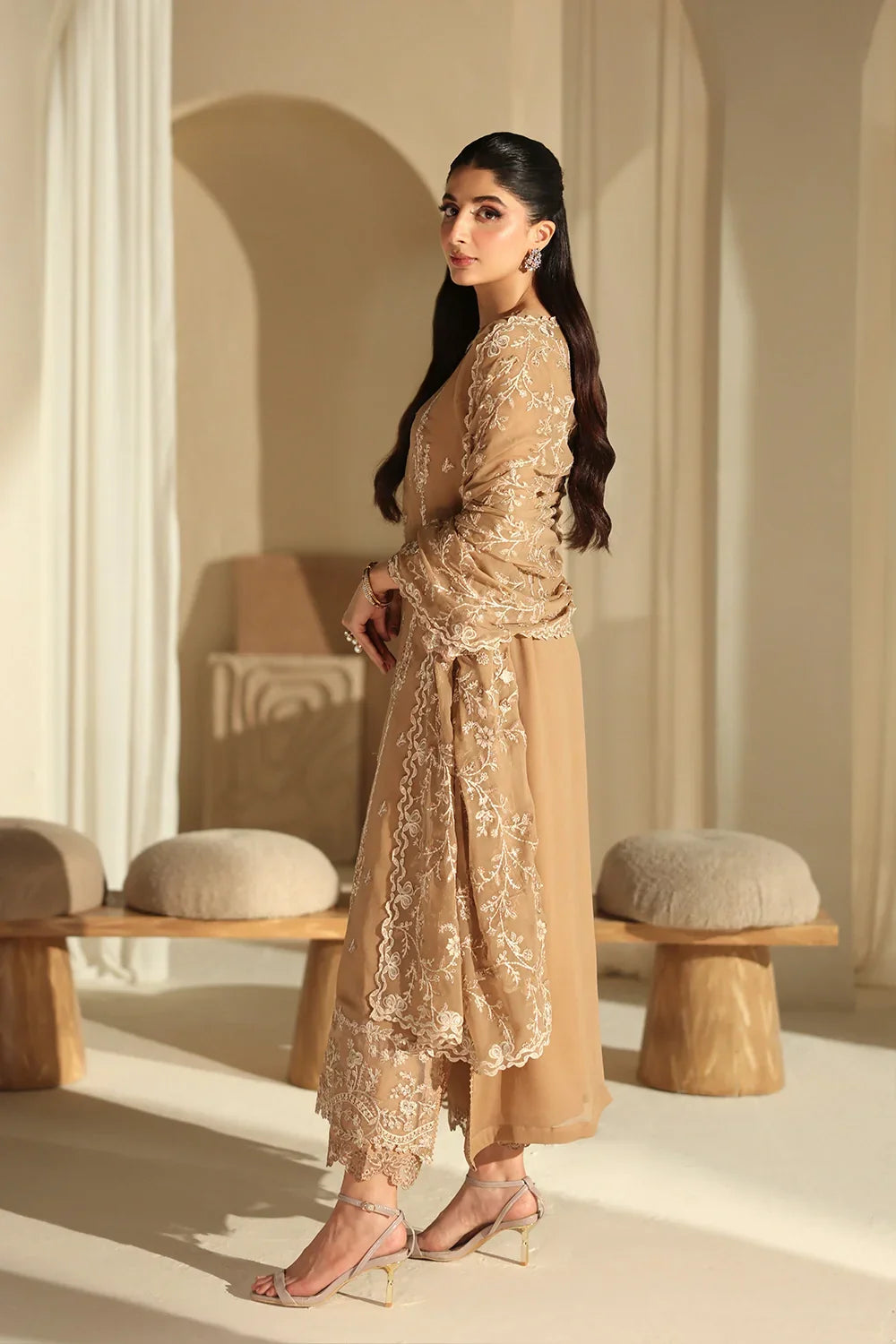 Camel Elegance: Embroidered Chiffon Suit With Malai Crepe Trouser | Ready To Wear