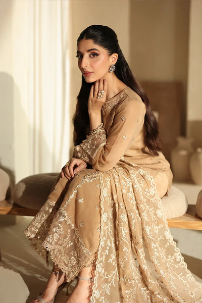 Camel Elegance: Embroidered Chiffon Suit With Malai Crepe Trouser | Ready To Wear
