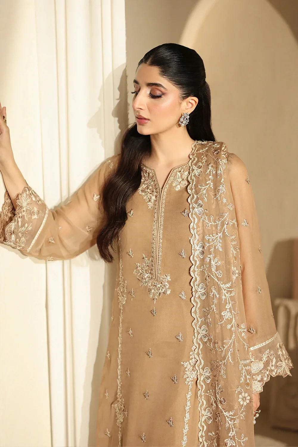 Camel Elegance: Embroidered Chiffon Suit With Malai Crepe Trouser | Ready To Wear