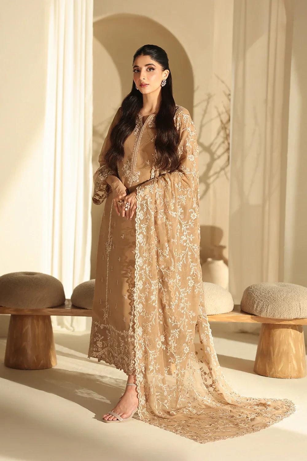 Camel Elegance: Embroidered Chiffon Suit With Malai Crepe Trouser | Ready To Wear