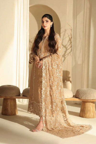 Camel Elegance: Embroidered Chiffon Suit With Malai Crepe Trouser | Ready To Wear