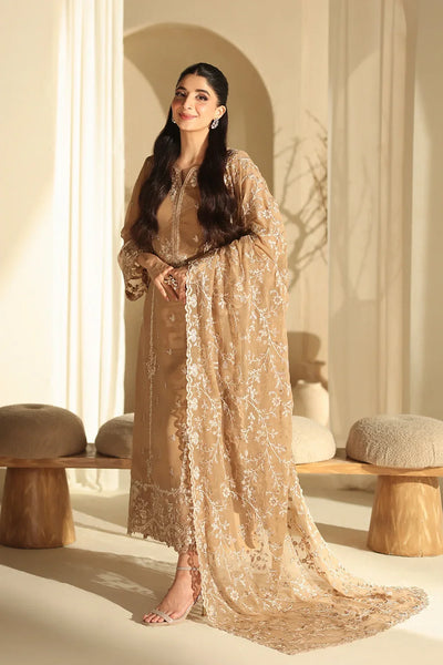Camel Elegance: Embroidered Chiffon Suit With Malai Crepe Trouser | Ready To Wear