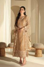 Camel Elegance: Embroidered Chiffon Suit With Malai Crepe Trouser | Ready To Wear