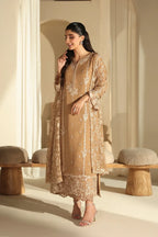 Camel Elegance: Embroidered Chiffon Suit With Malai Crepe Trouser | Ready To Wear