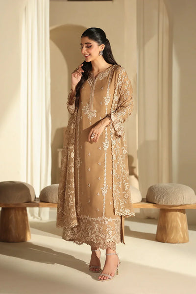 Camel Elegance: Embroidered Chiffon Suit With Malai Crepe Trouser | Ready To Wear