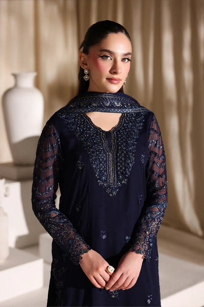 Luxury Navy Blue Sequins Embroidered Chiffon 3-Piece Suit | Ready To Wear