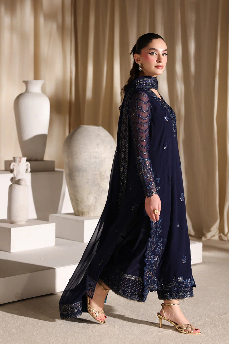 Luxury Navy Blue Sequins Embroidered Chiffon 3-Piece Suit | Ready To Wear