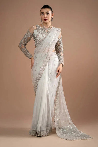 Pearl White & Metallic Silver: Net Saree With Heavy Embroidered Blouse | Ready To Wear