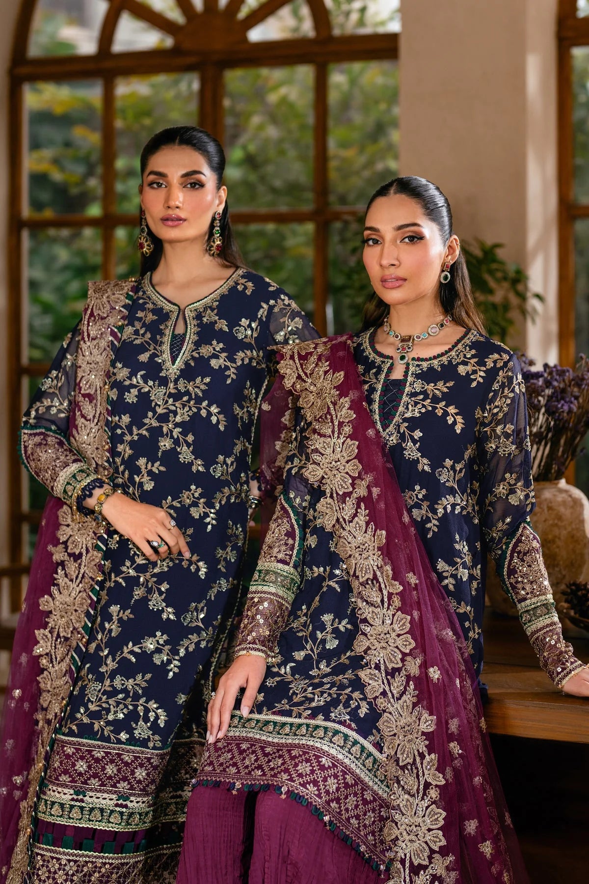 Deep Navy & Berry Plum Accent: Embroidered Chiffon Suit