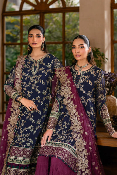 Deep Navy & Berry Plum Accent: Embroidered Chiffon Suit