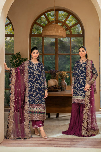Deep Navy & Berry Plum Accent: Embroidered Chiffon Suit