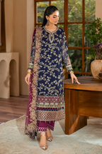 Deep Navy & Berry Plum Accent: Embroidered Chiffon Suit