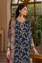 Deep Navy & Berry Plum Accent: Embroidered Chiffon Suit