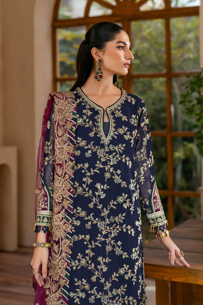 Deep Navy & Berry Plum Accent: Embroidered Chiffon Suit