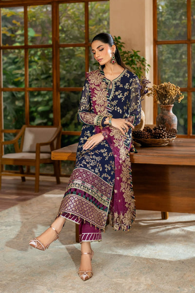 Deep Navy & Berry Plum Accent: Embroidered Chiffon Suit