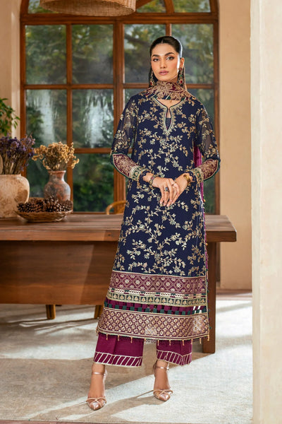 Deep Navy & Berry Plum Accent: Embroidered Chiffon Suit