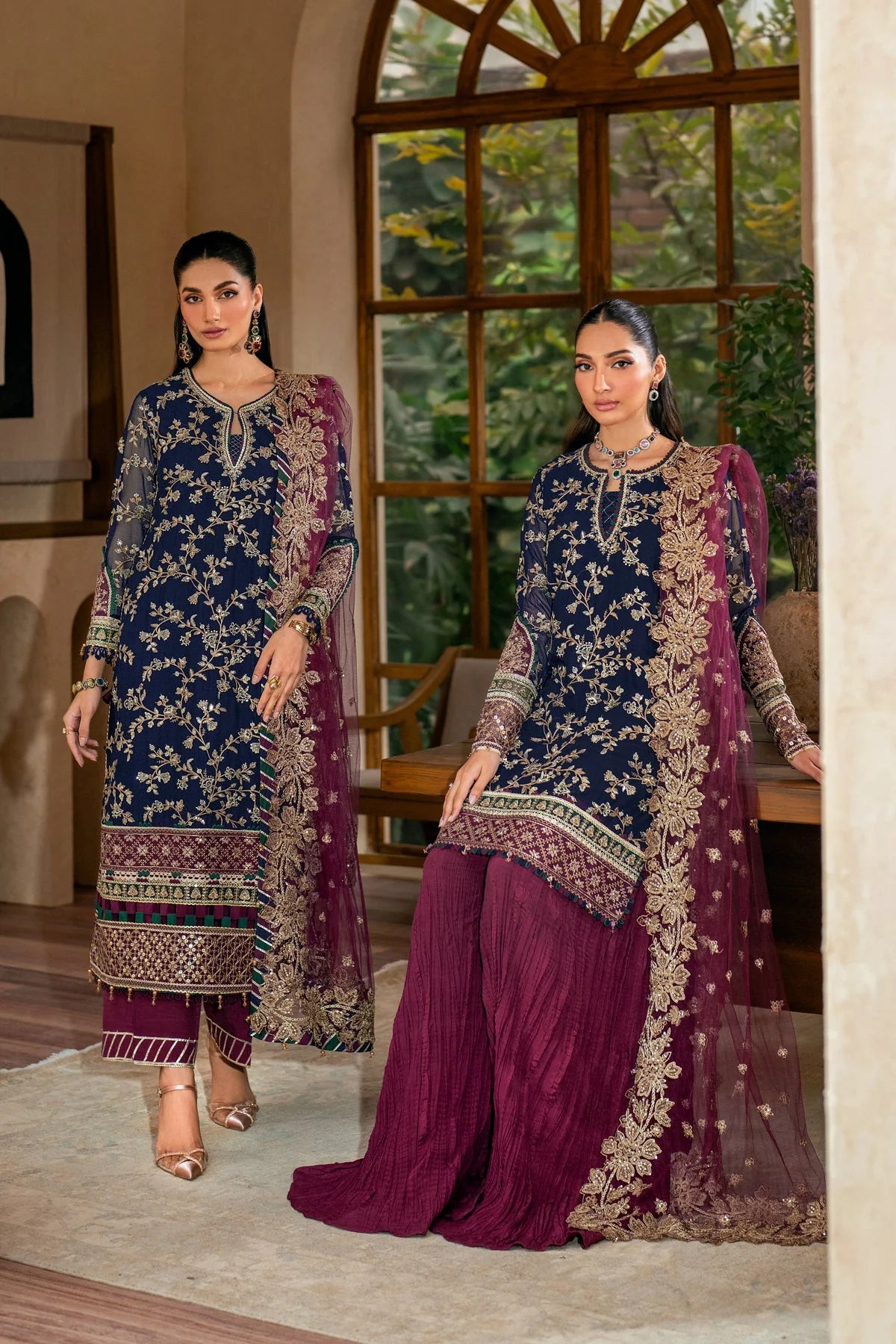 Deep Navy & Berry Plum Accent: Embroidered Chiffon Suit