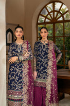 Deep Navy & Berry Plum Accent: Embroidered Chiffon Suit