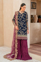 Deep Navy & Berry Plum Accent: Embroidered Chiffon Suit