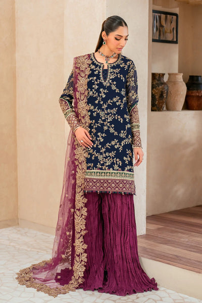 Deep Navy & Berry Plum Accent: Embroidered Chiffon Suit