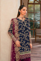 Deep Navy & Berry Plum Accent: Embroidered Chiffon Suit