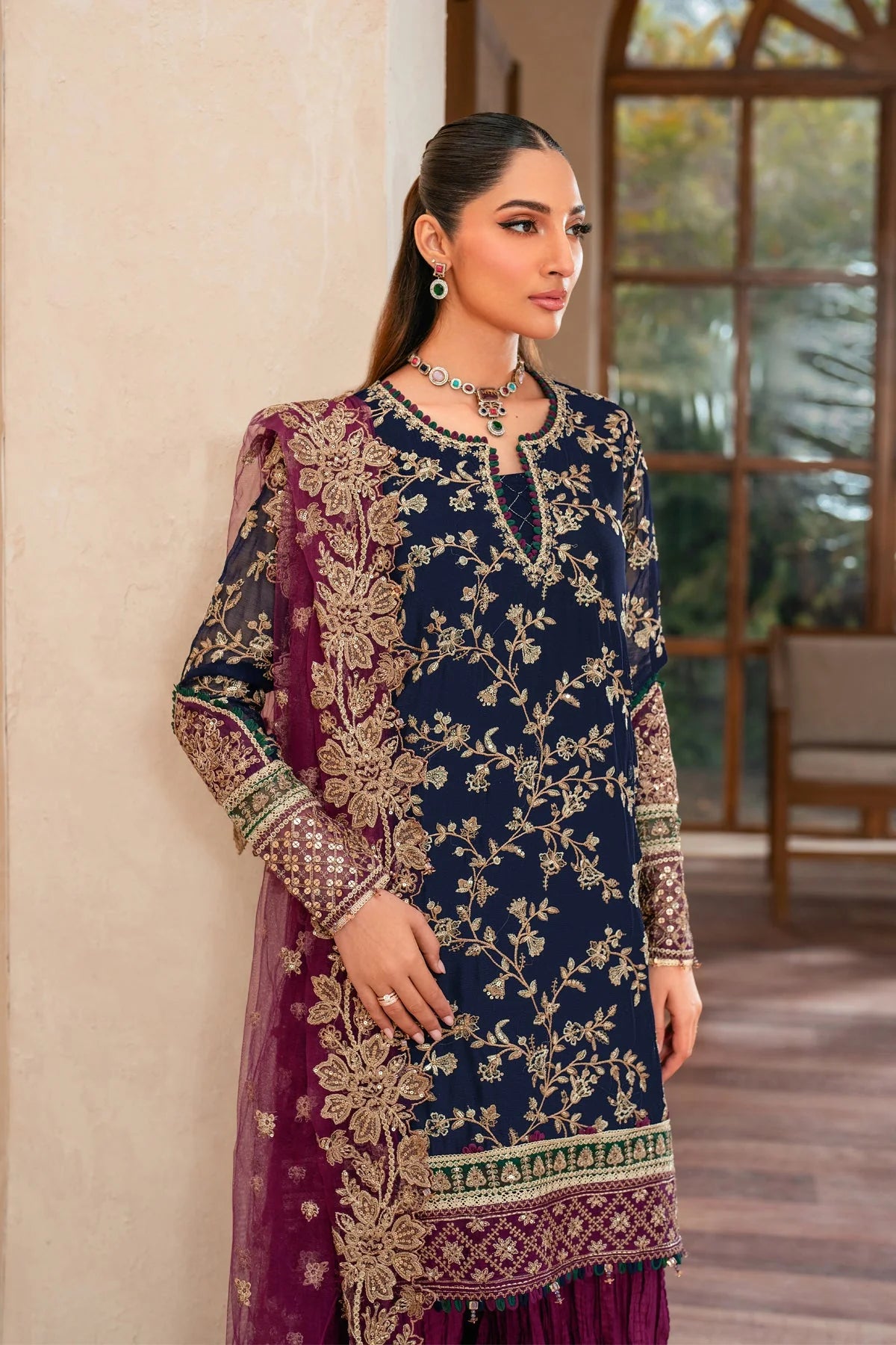 Deep Navy & Berry Plum Accent: Embroidered Chiffon Suit