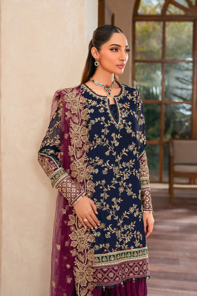 Deep Navy & Berry Plum Accent: Embroidered Chiffon Suit
