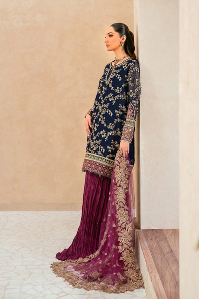 Deep Navy & Berry Plum Accent: Embroidered Chiffon Suit