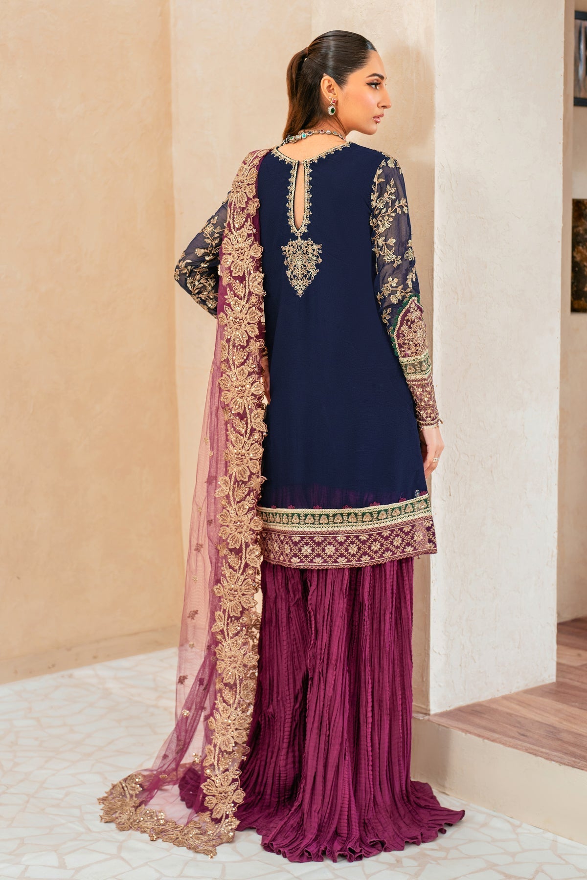 Deep Navy & Berry Plum Accent: Embroidered Chiffon Suit
