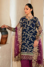 Deep Navy & Berry Plum Accent: Embroidered Chiffon Suit
