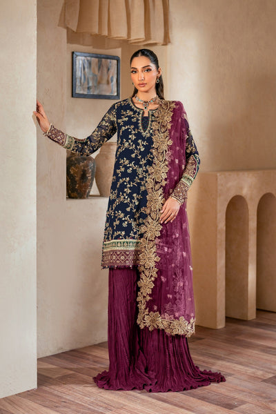 Deep Navy & Berry Plum Accent: Embroidered Chiffon Suit