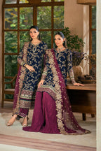 Deep Navy & Berry Plum Accent: Embroidered Chiffon Suit
