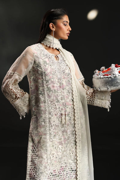 Icy White & Floral Accent: Embroidered Organza Suit | Ready To Wear