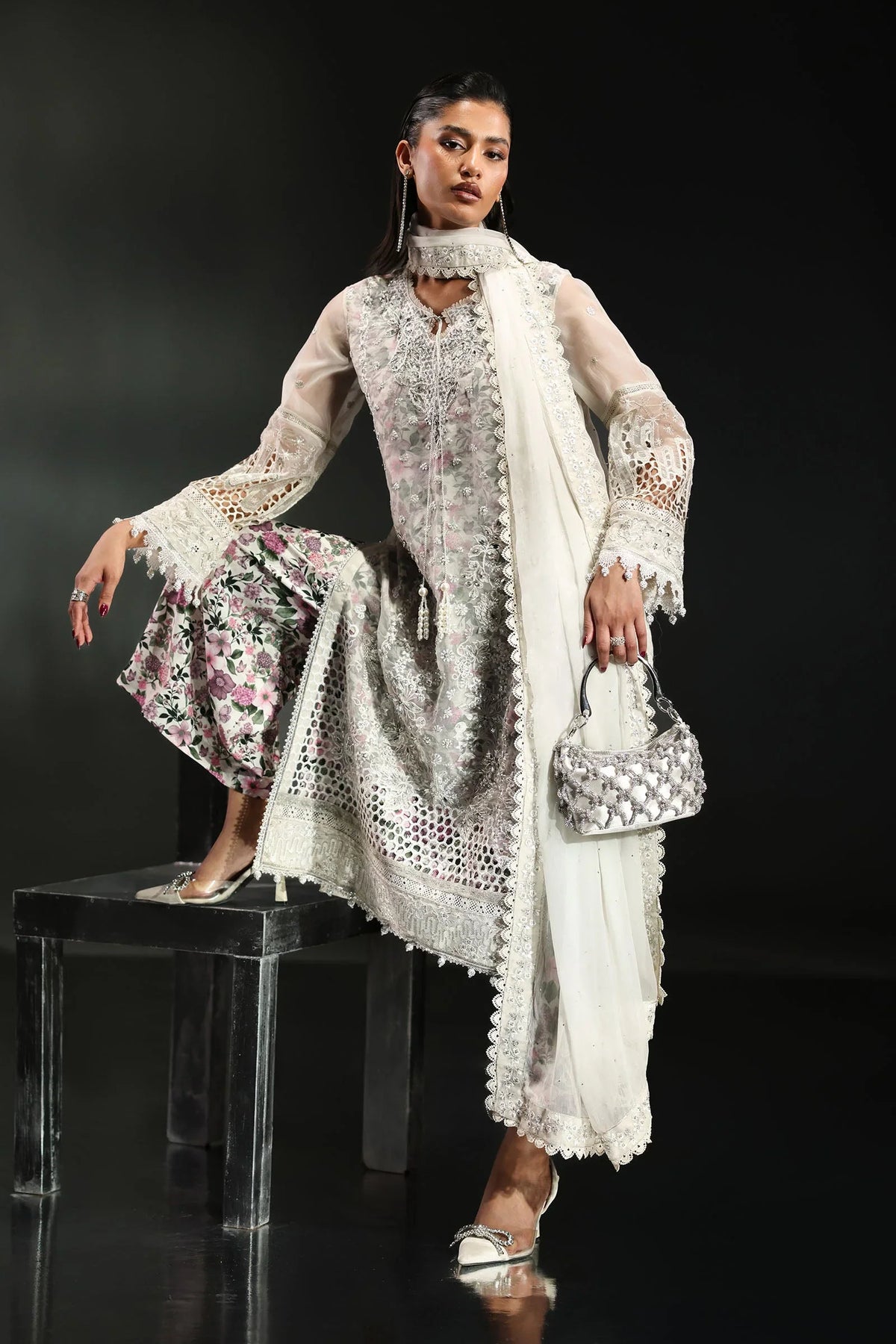 Icy White & Floral Accent: Embroidered Organza Suit | Ready To Wear