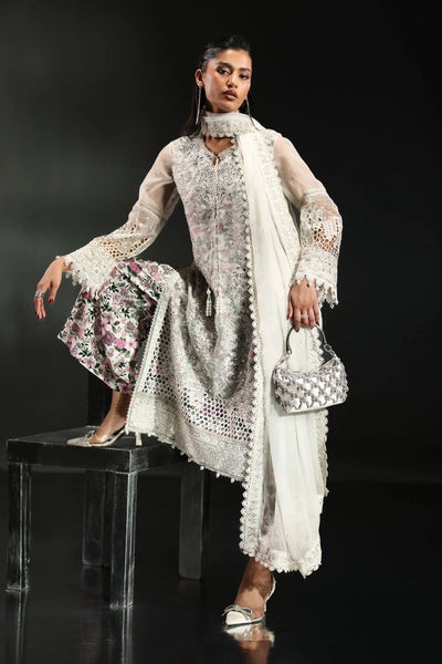Icy White & Floral Accent: Embroidered Organza Suit | Ready To Wear