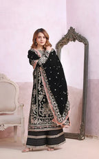 Noir Black & Silver Accent : Heavy Embroidered Velvet Suit With Chiffon Dupatta | Ready To Wear