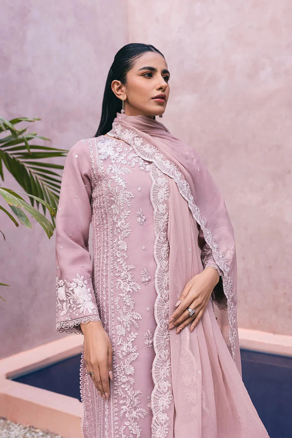 Muted Lavender Pink: Embroidered Chiffon Suit | Ready To Wear