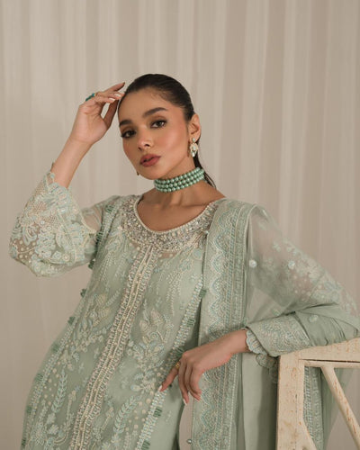 Soft Sage Green: Embroidered Chiffon Suit With Malai Trouser | Ready To Wear