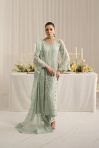 Soft Sage Green: Embroidered Chiffon Suit With Malai Trouser | Ready To Wear