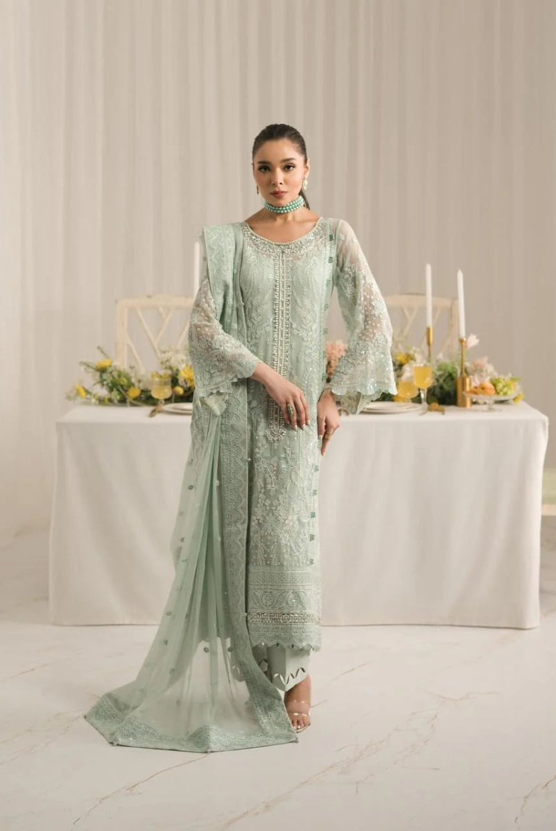 Soft Sage Green: Embroidered Chiffon Suit With Malai Trouser | Ready To Wear